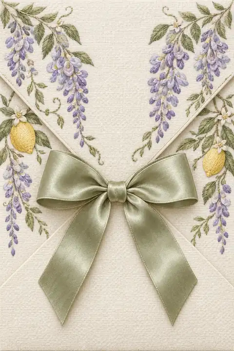 Glycine, citrons et lac de Côme brodés. Scène d’ouverture : enveloppe.