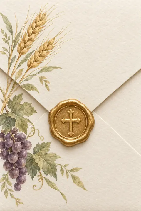 Épis de blé, raisins et filigrane doré. Scène d’ouverture : enveloppe.