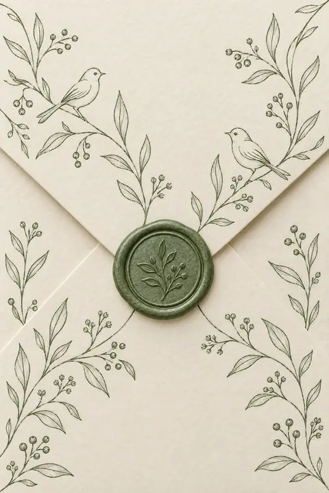 Dessins au trait à l’encre verte, cadres ondulés. Scène d’ouverture : enveloppe.