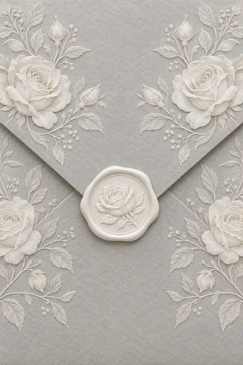 Papier gaufré gris bleu, cygnes et cire blanche. Scène d’ouverture : enveloppe.