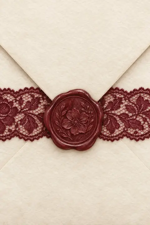 Cadre de dentelle festonnée bordeaux. Scène d’ouverture : enveloppe.