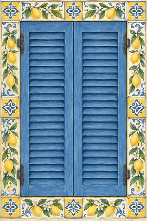 Arche amalfitaine, citrons et majolique bleue. Scène d’ouverture : portes.
