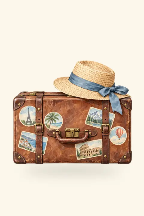 Hamac entre deux palmiers, soleil couchant. Scène d’ouverture : valise.
