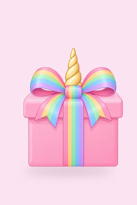 Pastel arc-en-ciel, bulles de savon et paillettes. Scène d’ouverture : boîte cadeau.