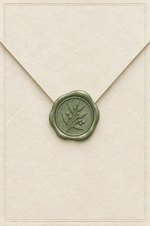 Papier vergé, feuillage sauge et embossage. Scène d’ouverture : enveloppe.
