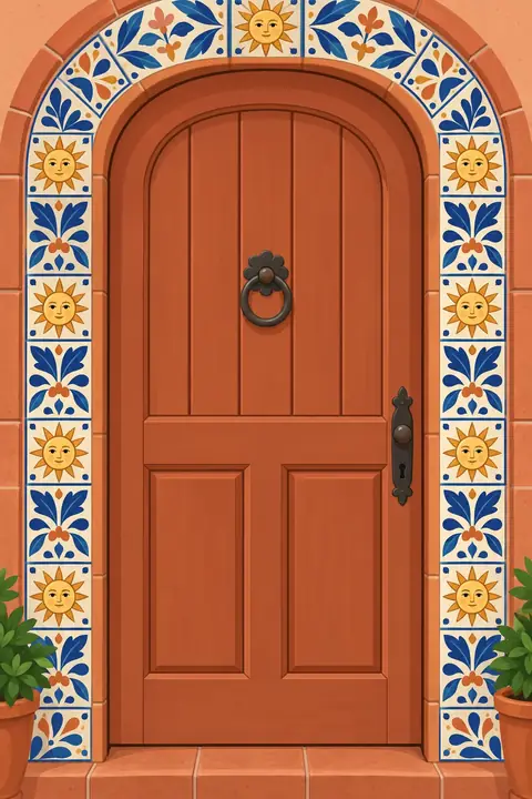 Bordure de mosaïque terracotta et moutarde, soleils. Scène d’ouverture : porte.