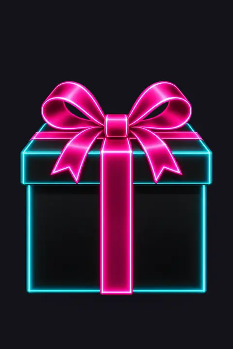 Néons roses et cyan, paillettes sur fond nuit. Scène d’ouverture : boîte cadeau.