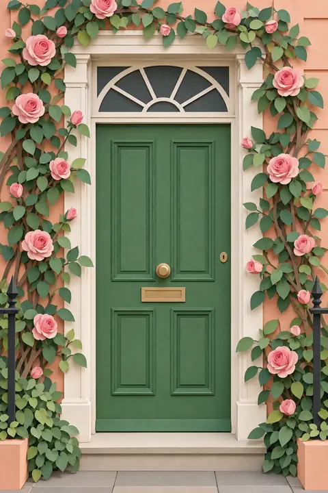 Maison en papier découpé, pêche et rose. Scène d’ouverture : porte.