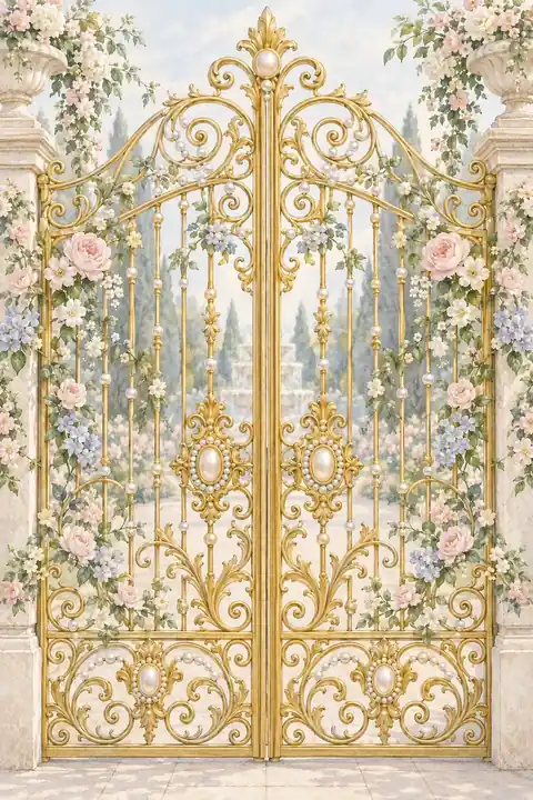 Broderie perlée pastel, cygnes et grilles dorées. Scène d’ouverture : portes.