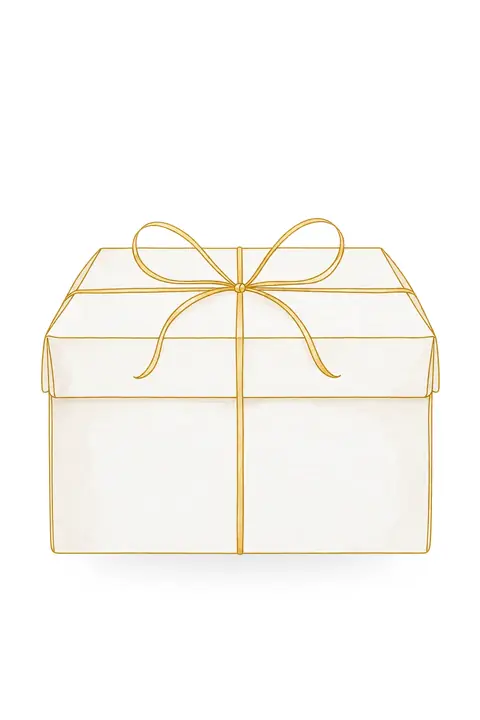 Gâteau dessiné d’un trait d’or. Scène d’ouverture : boîte à gâteau.