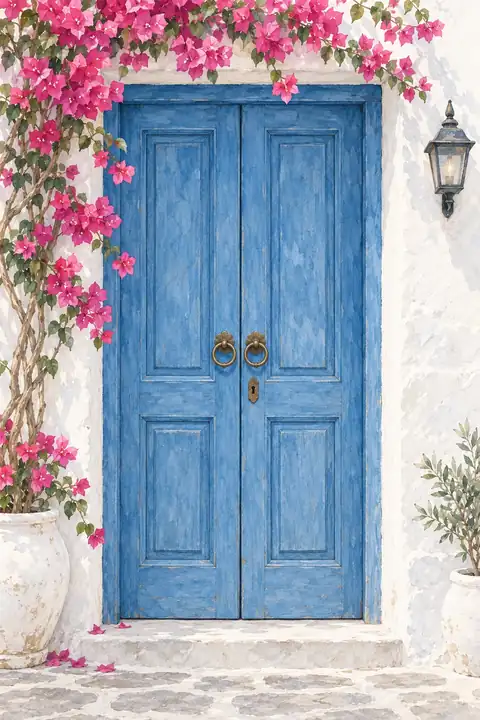 Porte grecque bleue et bougainvillier. Scène d’ouverture : portes.