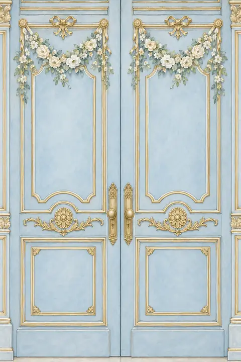 Bleu poudré gaufré, guirlandes et château. Scène d’ouverture : portes.