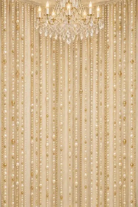 Rideaux de perles, lustre de cristal et palmiers. Scène d’ouverture : rideau de perles.