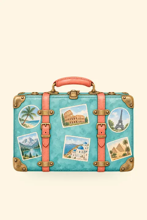 Palmiers, mer turquoise, soleil et cocktails. Scène d’ouverture : valise.