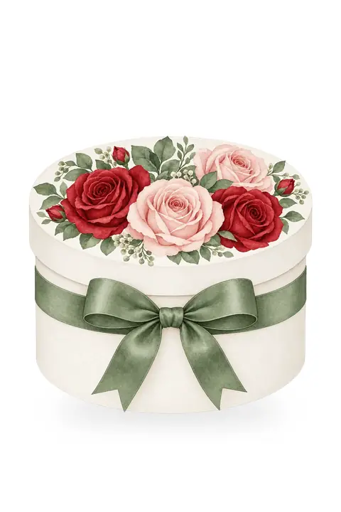 Couronne de roses rouges et poudrées. Scène d’ouverture : boîte à fleurs.