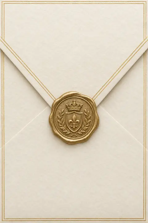 Kiosque classique, or sur crème, armoiries. Scène d’ouverture : enveloppe.