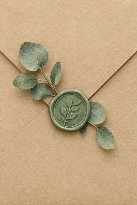Eucalyptus, bois clair et ton naturel. Scène d’ouverture : enveloppe.
