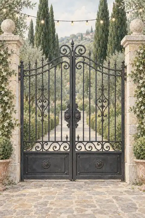 Villa toscane, cyprès et guirlandes lumineuses. Scène d’ouverture : portes.
