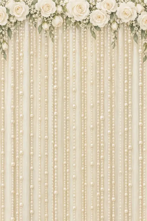 Fleurs blanches, rangs de perles et nœud ivoire. Scène d’ouverture : rideau.